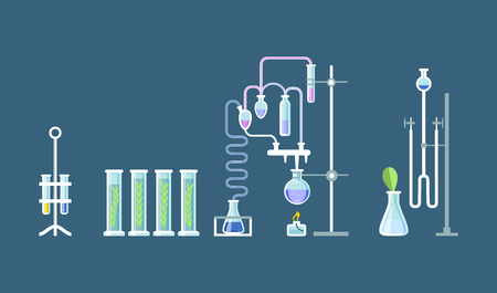 Glassware, jars, flasks, tubes, complex installation systems in working cabinet.のイラスト素材