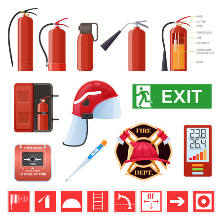 Set of various red metal fire extinguishers. Signs, thermometers, helmet.のイラスト素材