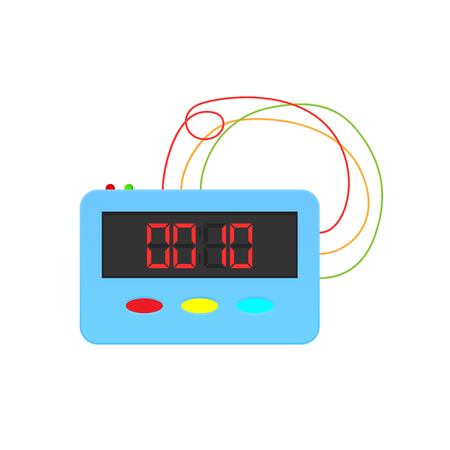 Timer, stopwatch, digital and home appliance. Digital countdown timer to indicate the end of the action, deadline. Household watches, detonator device with cable. Vector illustration isolated.のイラスト素材