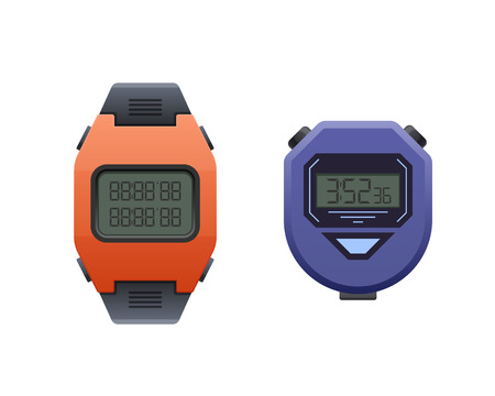 Beautiful modern digital wrist watch. Stopwatch and wrist sport watch with rubber and plastic base and strap. Time tracking. Vector illustration isolated.のイラスト素材