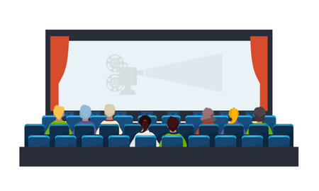 People, spectators, in cinema hall on the seats, in front of large movie screen. Time of cinema, theater hall. View on the wide screen of room. Vector illustration isolated.のイラスト素材