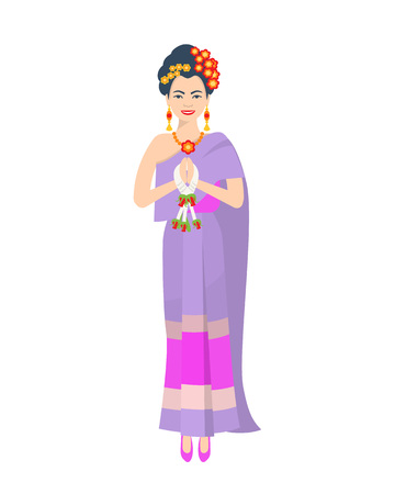 Beautiful Thai girl in a traditional bright clothes, thai dress, accessories, jewelry, makes a traditional greeting by folding hands together to each other in Thailand. Vector illustration isolated.のイラスト素材