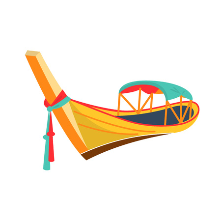 Modern thai wooden boat with oars. Water thai transport, fishing boat, travel and hobbies. Thailand transport for entertainment, attractions, river and sea holidays, side view. Vector illustration.のイラスト素材