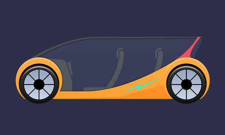 Beautiful expensive multi-seat electric vehicle, automobile with doors opening upward. Movement on an ecology electric vehicle, car, machine, ecological mode of transport. Vector illustration.のイラスト素材