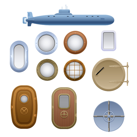 Metallic submarine. Set of windows, portholes, doors on submarine, ship.のイラスト素材