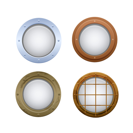 Set of round oval windows, portholes. Illuminators on submarine, ship.のイラスト素材