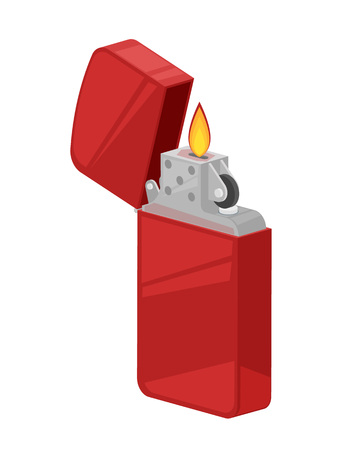 Metal lighter with burning flame. Element for ignition of fire and cigarettes, kitchen item for cooking, burning garbage, modern accessory for hiking, tourism, camping. Vector illustration.のイラスト素材