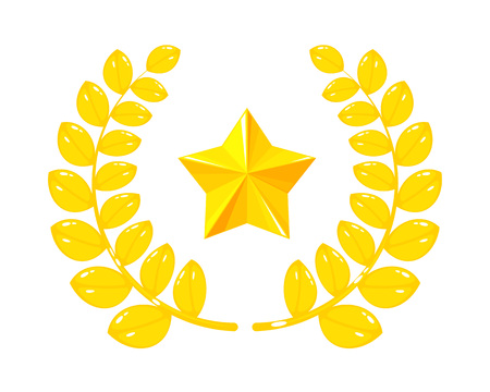 Gold jewelry, reward in form of leaves, trophy and gold star. Award for merits, victory in competitions, badge of leader, winner. Prize for the first place, champion. Vector illustration.のイラスト素材