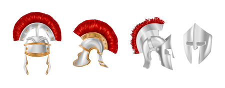 Realistic silver metal helmets in different angles. Spartan helmets.のイラスト素材