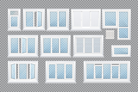 Set of realistic glass transparent plastic windows with window sills.のイラスト素材
