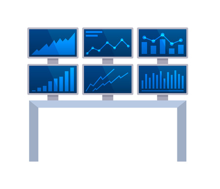 Equipment of chief department of finance, statistics. Information display with indicators, exchange rates of currencies, network station, monitors, monitoring of financial market. Vector illustration.のイラスト素材