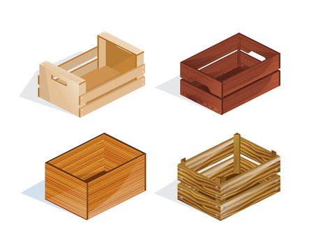 Set of realistic wooden boxes, packages, with open top. Boxes, containers, for storage and transportation of products, goods. Vector illustration isolated in isometric style.のイラスト素材