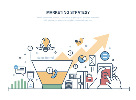Marketing strategy, economic research of sales funnel, advertising campaign, business relationship, planning of successful business, management investment growth, e-commerce. Illustration thin lineのイラスト素材