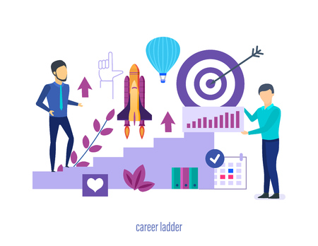 Career ladder. Success in work, growth in career ladder, increasing level of competence and professional skills, achieving goals, financial growth, successful business. Vector illustration.のイラスト素材