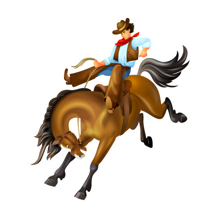 Young man, character of a cowboy wild west, rider on horse. Rider on a horse with a weapon, cowboy man with lasso on wild hunt in chase. Cartoon vector illustration.のイラスト素材