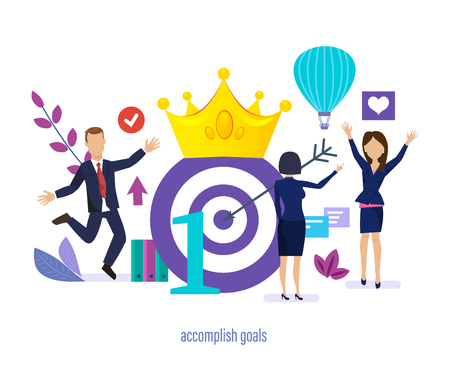 Accomplish goals. Fulfillment plan, achievement of high goals, leadership, self-improvement, growth at work, success in business partnership, financial success, making profit. Vector illustration.の写真素材