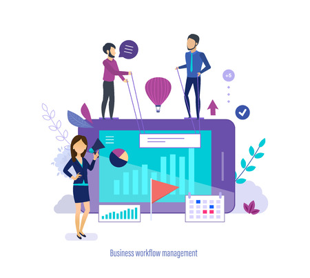 Business workflow management. Workflow, thought process. Teamwork, business team with leader, together work of making successful business, time management, task planning. Vector illustration.のイラスト素材