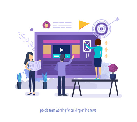 People team working for building online news. Teamwork, meeting people working, working with media content, interview, selection materials, promotion on internet, social network. Vector illustration.のイラスト素材