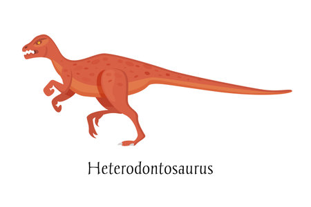 Ancient prehistoric animal dinosaur. Big wild ground predatory animal of the prehistoric Mesozoic era. Bipedal dinosaur Heterodontosaurus. Vector illustration in cartoon style.のイラスト素材