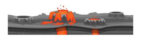 Game environment, landscape, surroundings. Texture of soil, burnt earth, with geysers, lava, earth surface for ui game, ux interface. 2D gaming platform Vector illustrationのイラスト素材