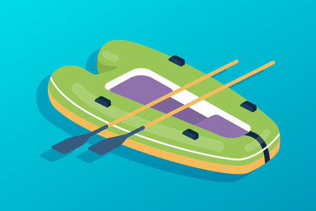 Rubber boat with oars. Water transport, fishing boat, journey, travel and hobbies. Transport for entertainment, attractions, river and sea holidays on trip, vacation. Isometric vector.のイラスト素材