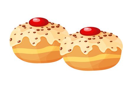 Traditional Jewish holiday Hanukkah. Food, sweets donuts with jam - Sufganiyot.のイラスト素材