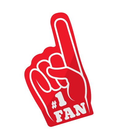 Sports fun red glove of fan. Glove hand, with a raised index finger and lettering. Cheerful sports attributes, symbol of team support in competitions. Vector illustration isolated.のイラスト素材
