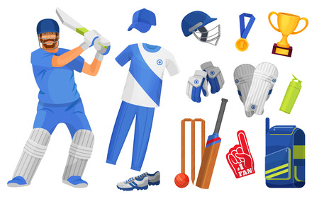 Set of objects and accessories for cricket sport. Classic uniform, cricket characters equipped players, awards, trophies, equipment protection, attributes, bit, ball and goal. Vector illustration.のイラスト素材