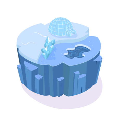 Isometric 3D island game, with landscape of the earth. Element of the gaming environment, visual interface snow-covered surface of earth, with cut openings, housing, ice crystals. Vector illustration.のイラスト素材
