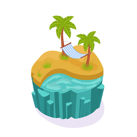 Isometric 3D island game, with landscape of the earth. Element of gaming environment, visual interface of summer sand, ocean water, hammock between palm trees. Vector illustration.のイラスト素材