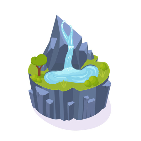 Isometric 3D island game, with landscape of earth. Element of gaming environment, visual interface of soil, river, mountain with waterfall, grass with trees, lawn on earth. Vector illustration.のイラスト素材