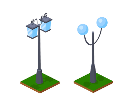 Urban bright 3D street lamps shining along road, park seats and walking places. Burning lanterns, street lighting, element of map with grass, land and landscape. Isometric vector, city constructor.のイラスト素材