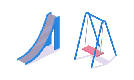 Modern children's 3d swings and an iron slide on the kids playground. Recreation and leisure, recreation amusement park elements, with a gaming complex. Isometric vector, city constructor.のイラスト素材