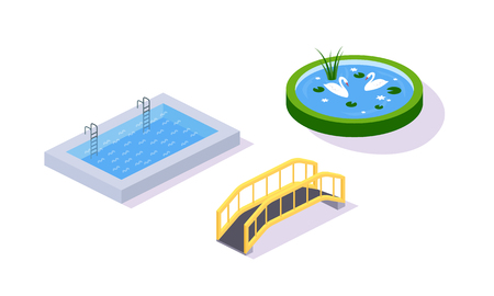 Modern city pond with birds swans, a bridge over the river, a stone pool with stairs. Cultural entertainment buildings, elements of scenery with a lawn, landscape. Isometric vector, city constructor.のイラスト素材