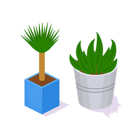 Set of garden 3D shrubs and flower plants in pot from park. Collection of natural plants environment and landscape design. Map elements, with shrubs, grass, earth. Isometric vector, city constructor.のイラスト素材