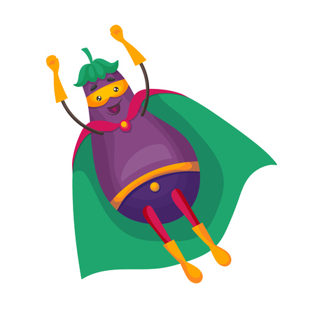 Cute food eggplant in cloak of superhero, mask, flying up.のイラスト素材