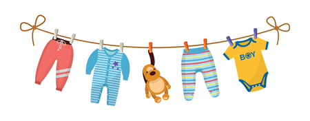 Kids clothes on clothesline. Drying children's clothes and accessories after washing on a rope. Baby clothes for newborn boy infant. Pants, romper, body, kid pajamas, plush dog. Vector cartoon.のイラスト素材