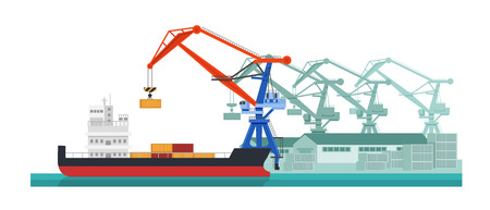 Cargo ship, water transport. Services for transportation, logistics services, cargo delivery. Crane loading container cargo ship products, for further transportation. Vector illustration.のイラスト素材