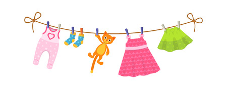 Kids clothes on clothesline. Drying children's clothes and accessories after washing on a rope. Baby clothes for newborn girl infant. Romper, socks, dress, kid skirt, plush cat. Vector cartoon.のイラスト素材