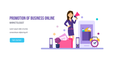 Digital smm marketing, marketologist of customer acquisition, business planning, promotion of business online, advertising in social networks, promotion of company's image. Vector illustration.のイラスト素材