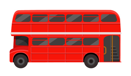 Modern red London double decker bus. Passenger vehicle for transportation of people, excursions around the city, traditional British public transport, side view. Vector illustration.のイラスト素材