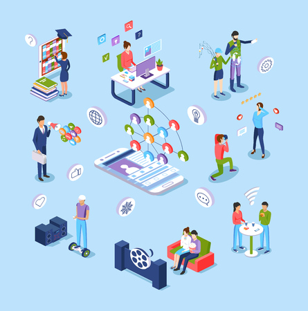 Digital technology. Online education, e-learning, marketing, promotion, social networking, leisure, work in media, internet chat, exchange of data, selfies photos online cinema Isometric vectorのイラスト素材