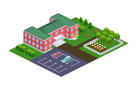 Kindergarten building, urban landscape, garden plot, relaxation park with fountains, parking car for staff of institution. Kindergarten building with kids group. Isometric vector.のイラスト素材