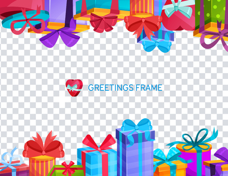 Beautiful festive gift frame ornament, colorful greeting card. Postcard template with borders of decorative frames in form of gift boxs with gifts tied with ribbons. Vector transparent backgroundのイラスト素材