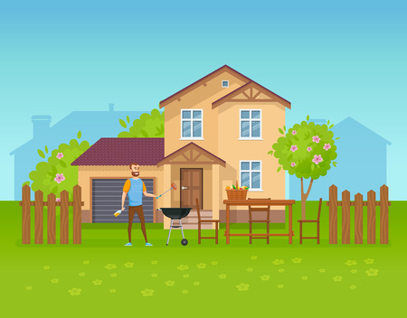 Outdoor summer picnic near country house, cottage. Young man near barbecue grill, cooks meat steak on barbeque grill. Cottage with plot of land, fruit trees, plants, outdoor recreation cartoon vector.のイラスト素材