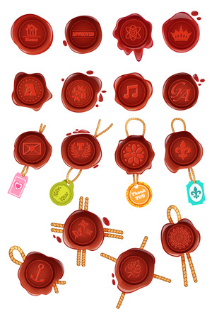 Set retro and vintage red wax seals stamps, with logos, icons, pictograms. Stamp wax for documents, letters, envelopes, certification protection, warranty and quality mark. Vector illustration.のイラスト素材