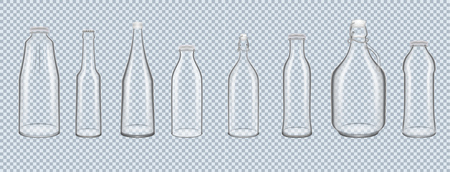Set of relistic 3D glass bottles, cans of various shapes.のイラスト素材