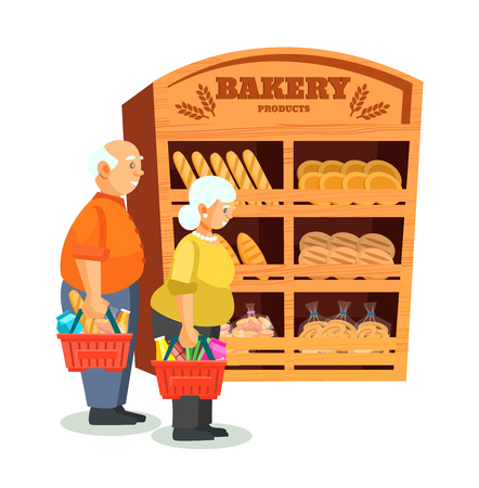 People buyers in shopping mall. Bakery shop building facade, store. Elderly couple with purchases, grandfather and grandmother bakery buyers. Interior of store, mall, shopping center. Cartoon vectoのイラスト素材