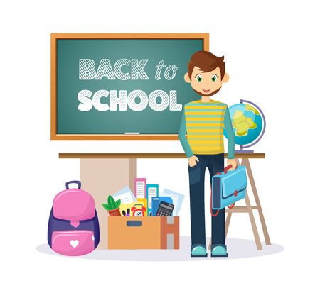 Welcome back to school blackboard with items and elements. Student with a school bag in the classroom. Class for education, board, table, study, blackboard and lesson. Vector illustrationのイラスト素材