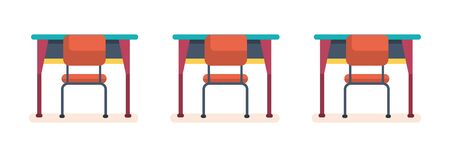 School desks and chairs in the classroom. Empty wooden and metal furniture school isolated flat vector illustrationのイラスト素材